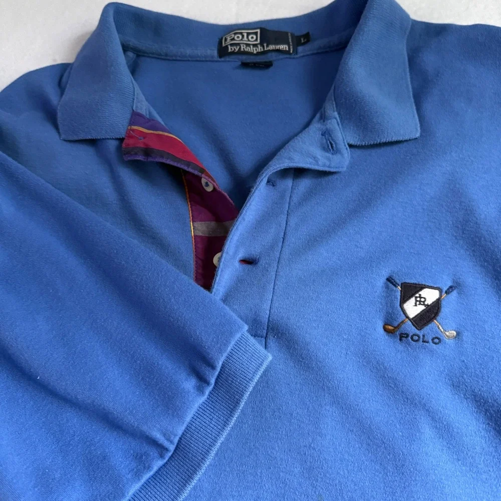 Polo Ralph Lauren Vintage Golf Crest Polo Shirt Blue Large Fit XL Plaid Placket